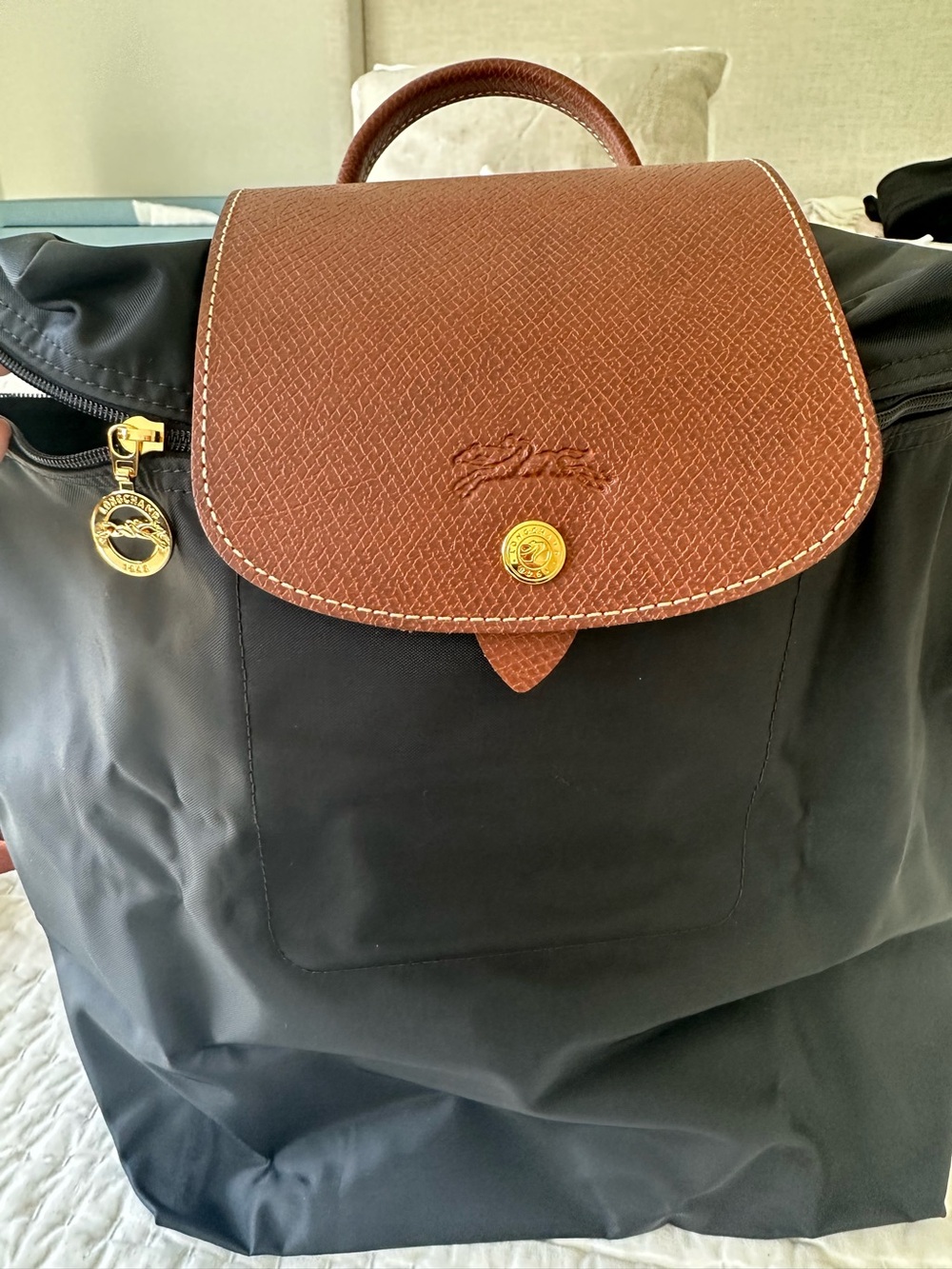 Longchamp Black Nylon Backpack with Brown Leather Flap